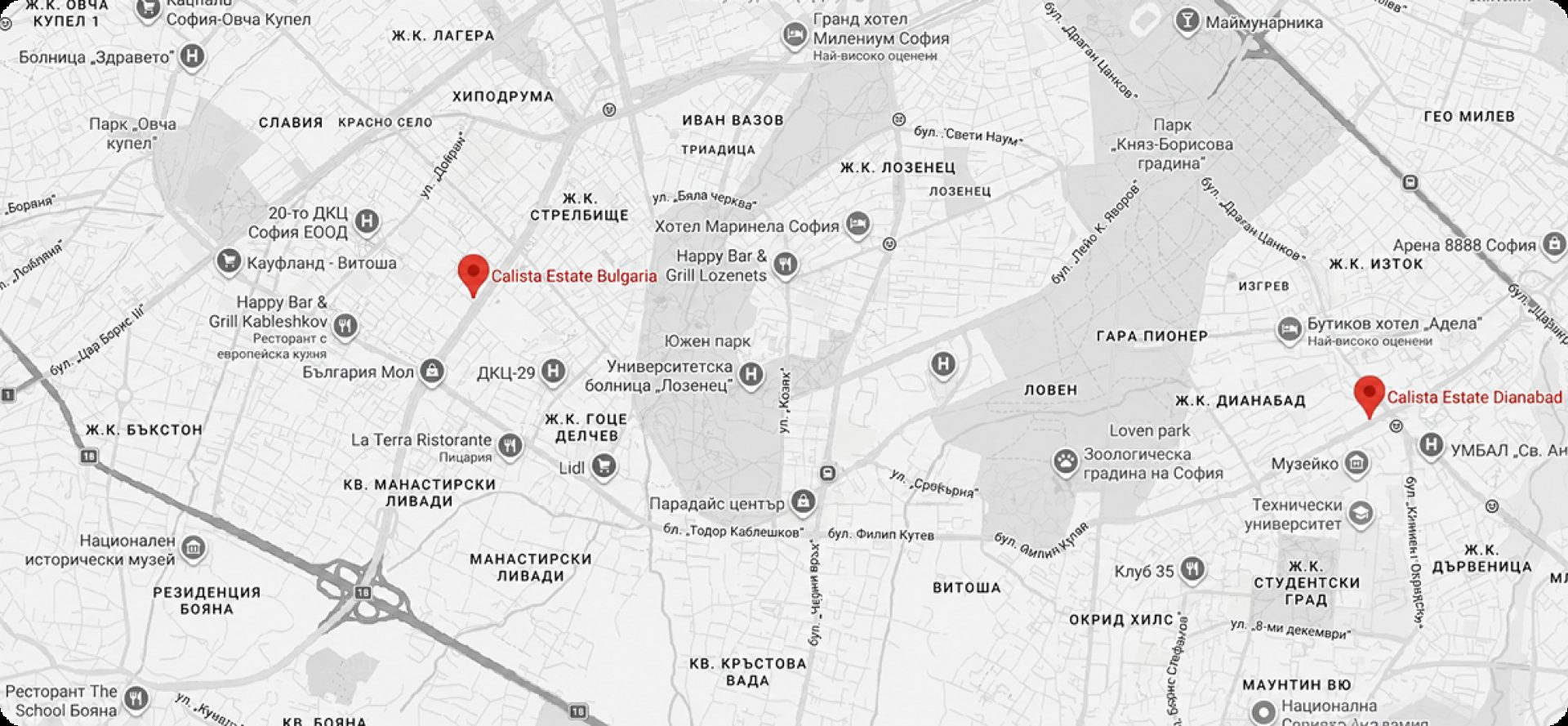 Картата с офисите на Калиста Естейт в София